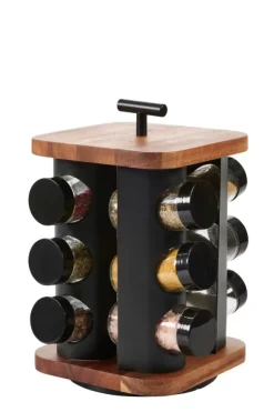 Potes Para Ervas-CASA Acacia Lux Carrossel De Especiarias 12 Potes - Vir Vel Preto, Natural