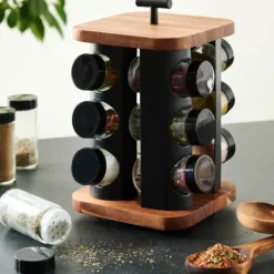 Potes Para Ervas-CASA Acacia Lux Carrossel De Especiarias 12 Potes - Vir Vel Preto, Natural