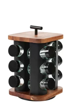 Potes Para Ervas-CASA Acacia Lux Carrossel De Especiarias 12 Potes - Vir Vel Preto, Natural