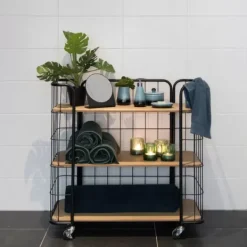 Estantes De Parede-CASA Oslo Estante Com Rodas 3 Prateleiras Preto, Natural