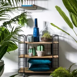 Estantes De Parede-CASA Oslo Estante Com Rodas 3 Prateleiras Preto, Natural