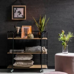 Estantes De Parede-CASA Oslo Estante Com Rodas 3 Prateleiras Preto, Natural